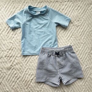 RuggedButts Baby Boy 6-12M Blue Rash Guard Swim Set Striped Shorts